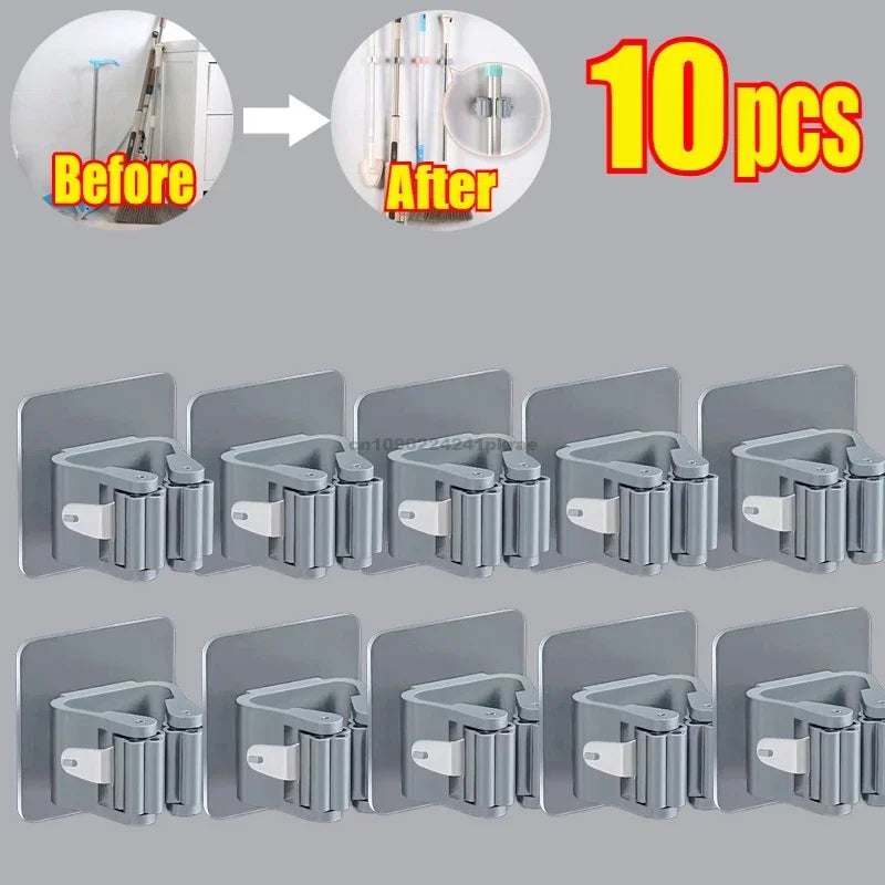 Self-adhesive Mop Holder – Wall Mounted Broom Stand & Brush Hook Storage Organizer